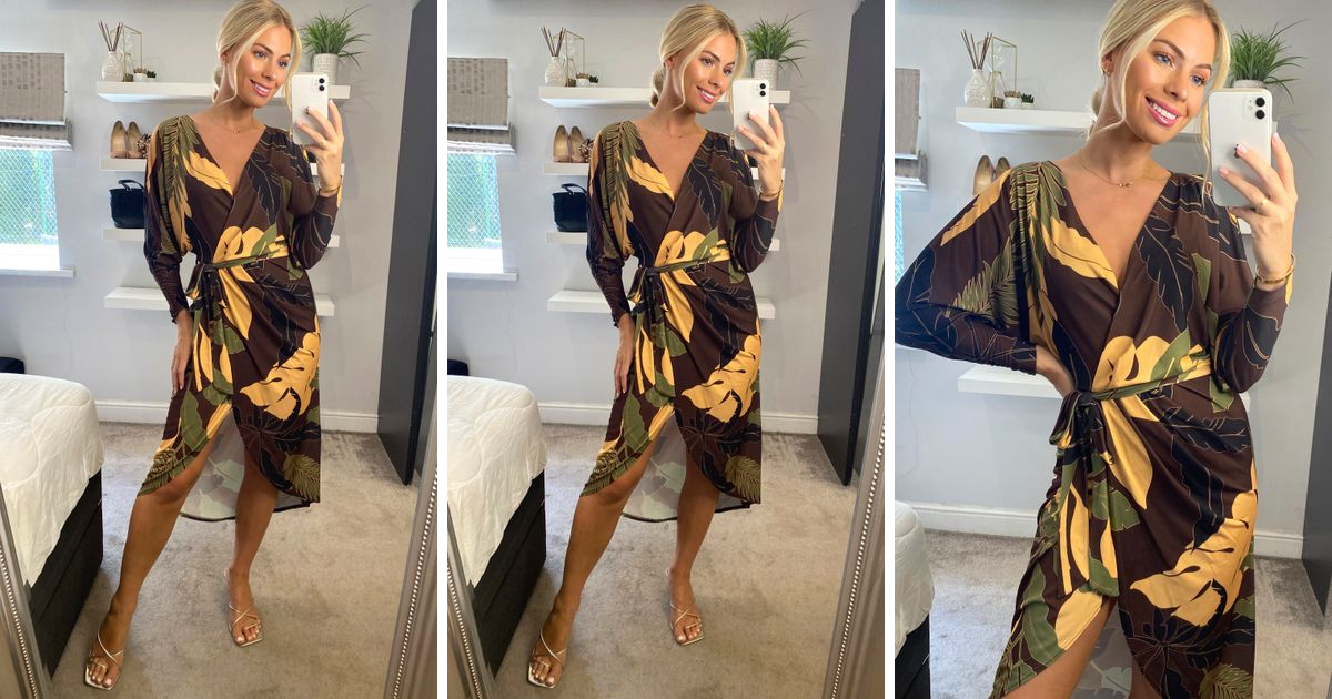 Printed Batwing Wrap Midi Dress In Brown Goddiva SilkFred