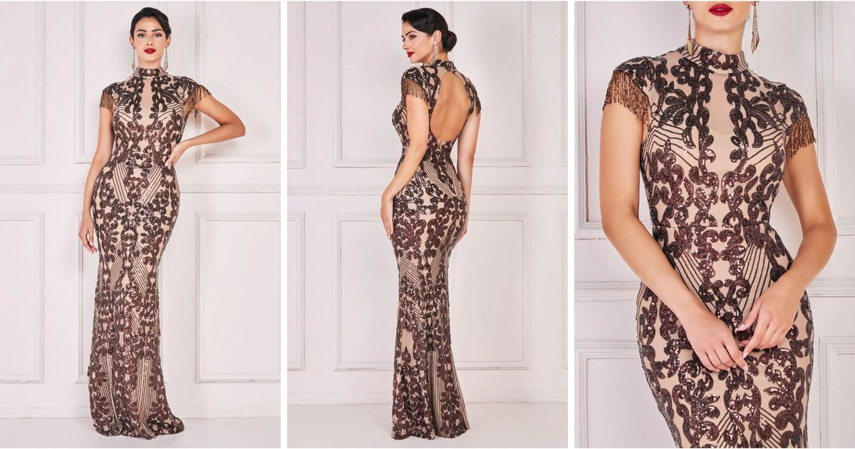 Embroidered Sequin Beaded Cap Sleeve Maxi In Brown | Goddiva | SilkFred US Embroidered Sequin Beaded Cap Sleeve Maxi In Brown | Goddiva | SilkFred US