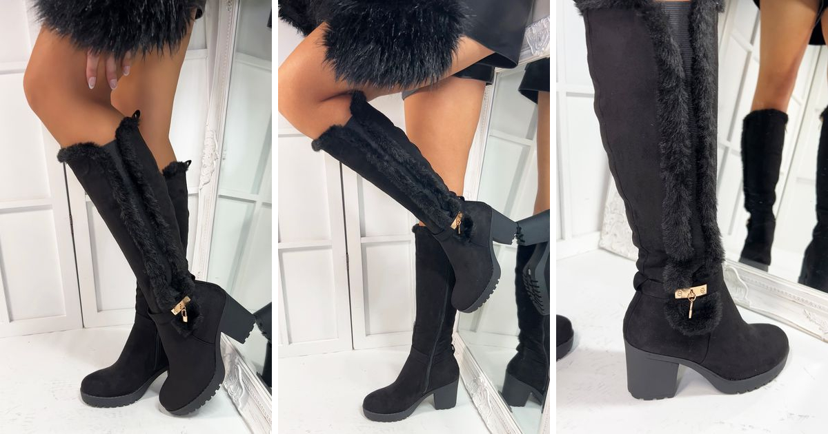 Faux Fur Coat, Black Dress & Knee-High Boots