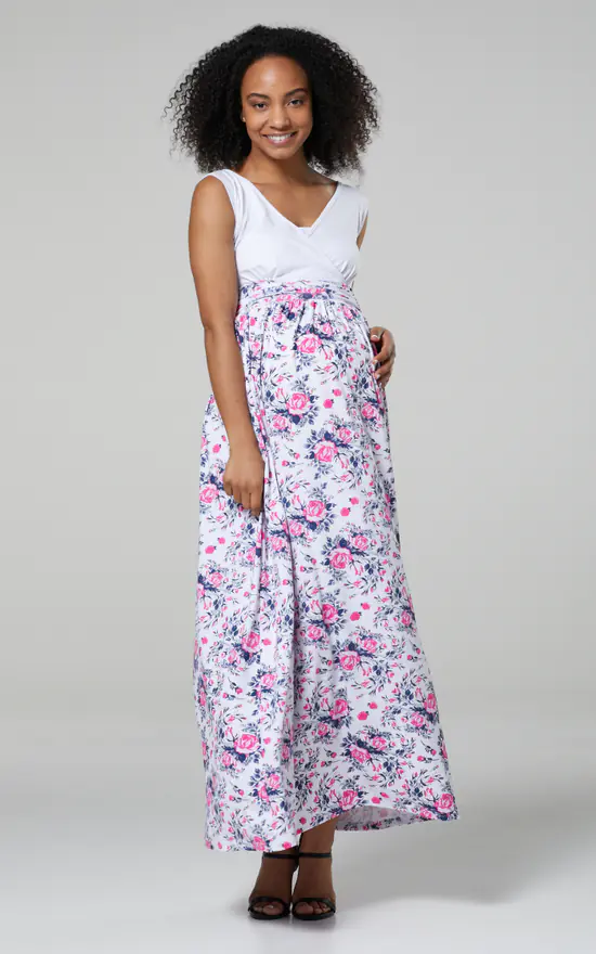 Maternity Nursing Maxi Dress With Pockets In White And Wh