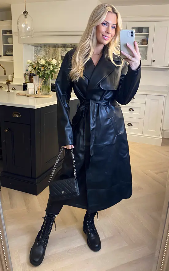 Black Faux Leather Tie Waist Coat Izabel London SilkFred