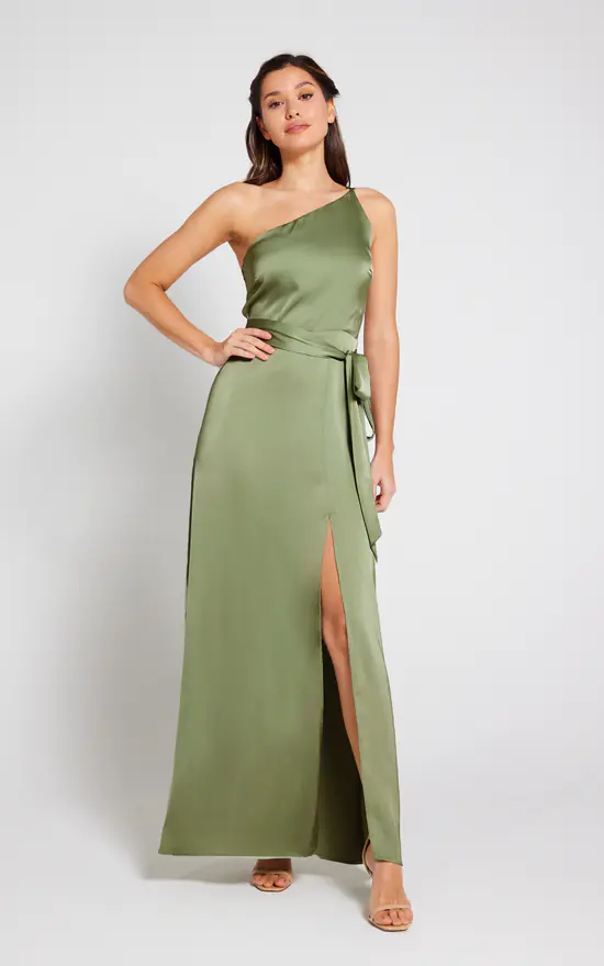 Aria One Shoulder Satin Split Leg Maxi Olive SilkFred