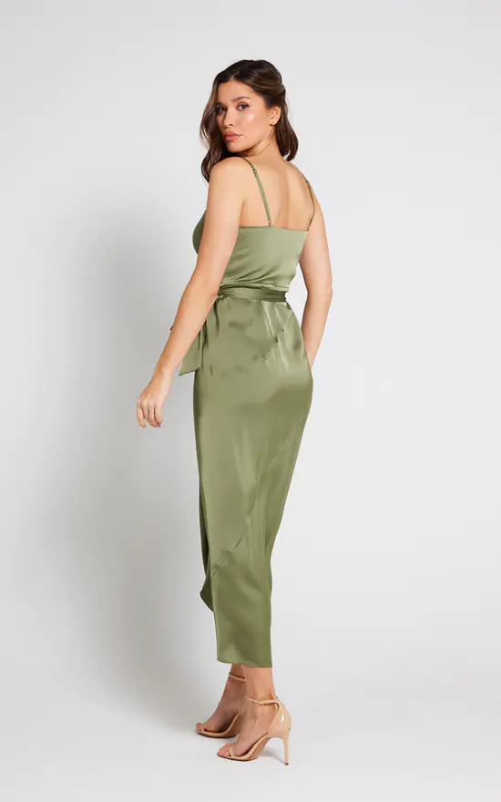 Satin Cami Wrap Midi Dress With Tie Waist Olive Green Tie Side