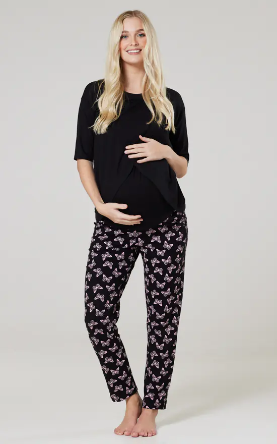 Maternity Nursing Pyjamas Loungewear Set In Black With Bu