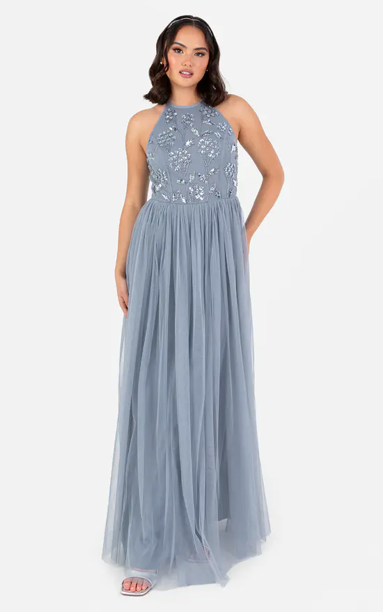 Bridesmaids Dusty Blue Floral Embellished Halter Neck Max