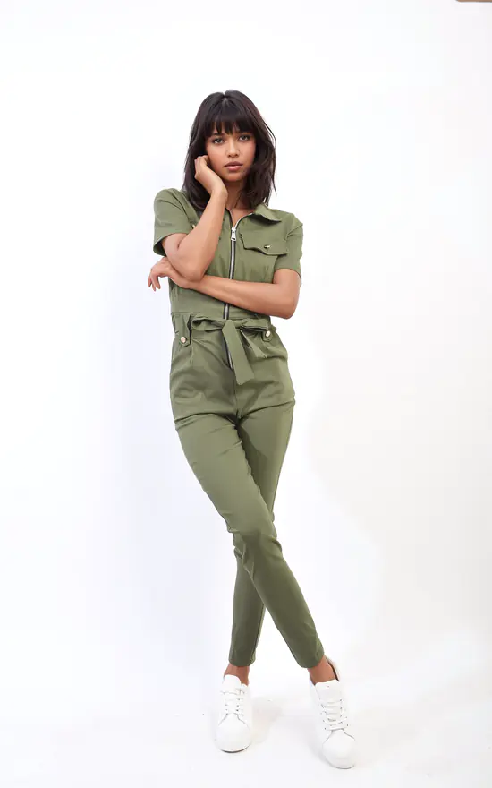 Khaki Zip-Up Jumpsuit with Belt SilkFred US