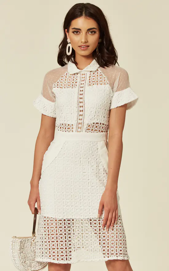 White Lace Shirt Dress With Short Sleeves LOVEMYSTYLE SilkFred