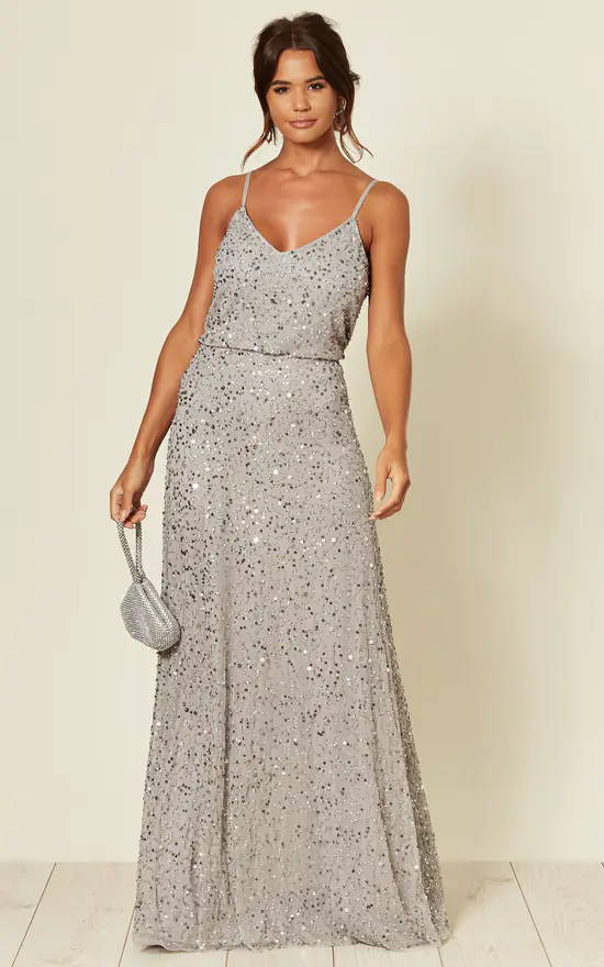 Light Grey Silver Sequin Embellished Maxi Dress SilkFred