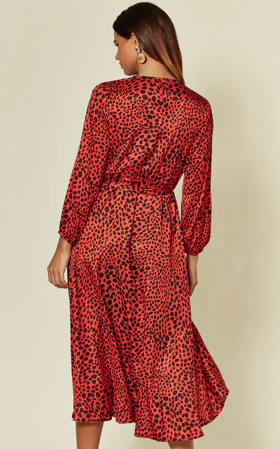 Satin Midi Wrap Dress in Red & Black Leopard print by D.Anna