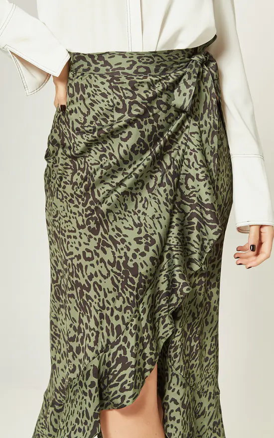 Green Leopard Print Wrap Midi Skirt SilkFred