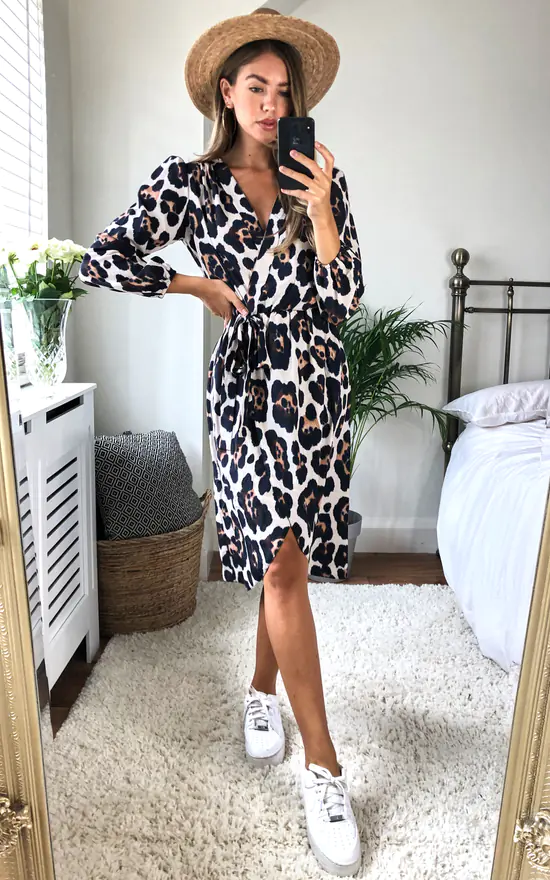 Leopard Print Long Sleeve Wrap Dress SilkFred - Main Image