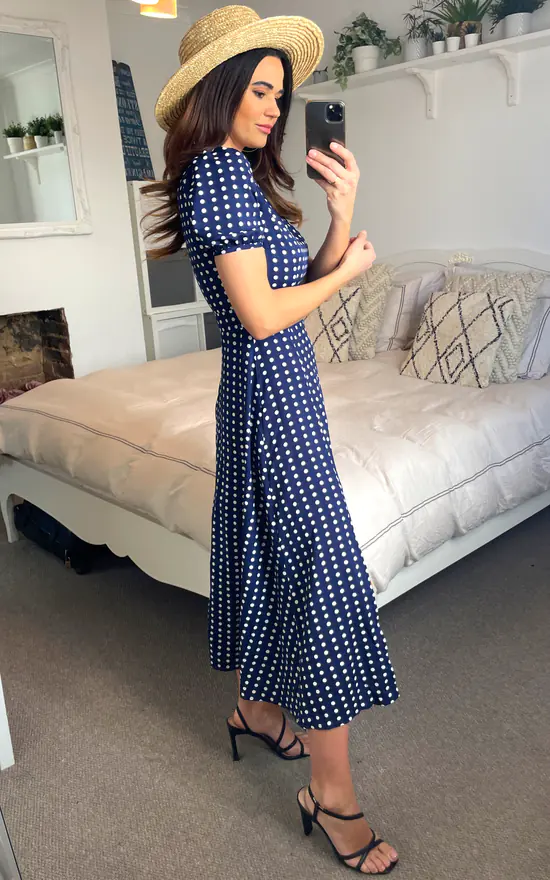Navy Polka Dot Short Sleeve Maxi Dress SilkFred - Main Image