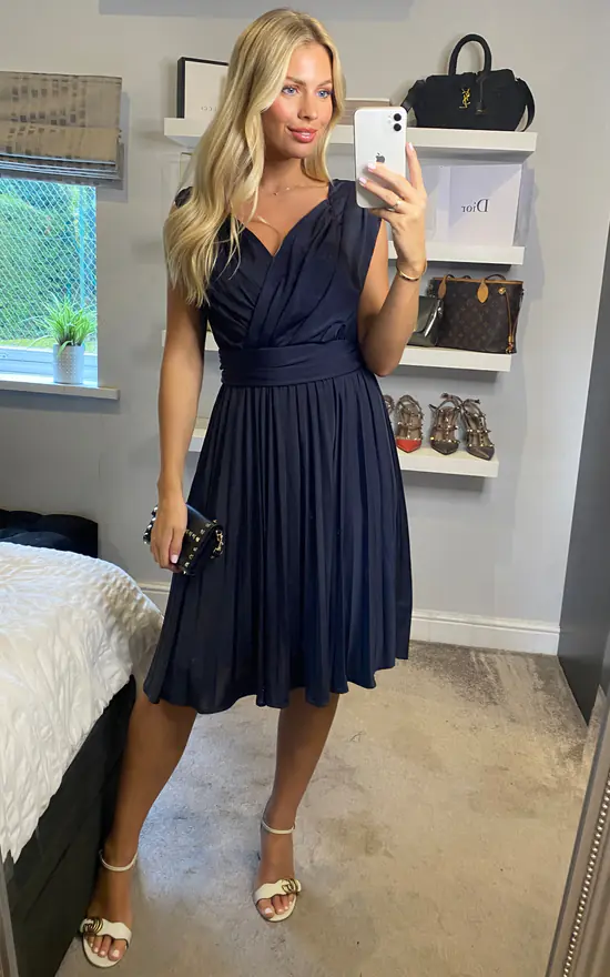 Plunge Neck Pleated Midi Dress, Navy JOLIE MOI SilkFred