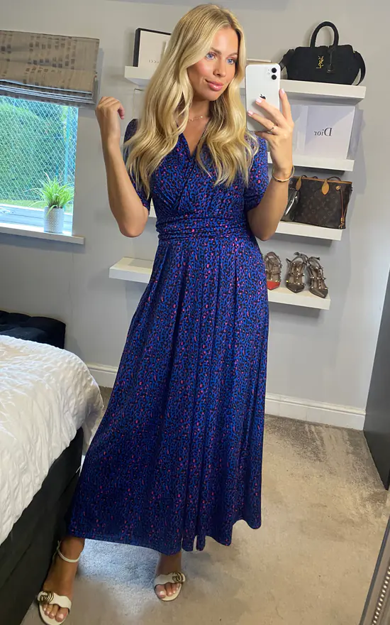 Blue Animal Print Wrap Maxi Dress | SilkFred US