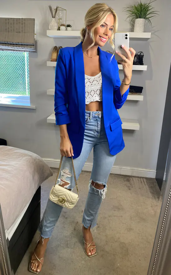 Royal Blue Rouched Sleeve Oversized Blazer SilkFred
