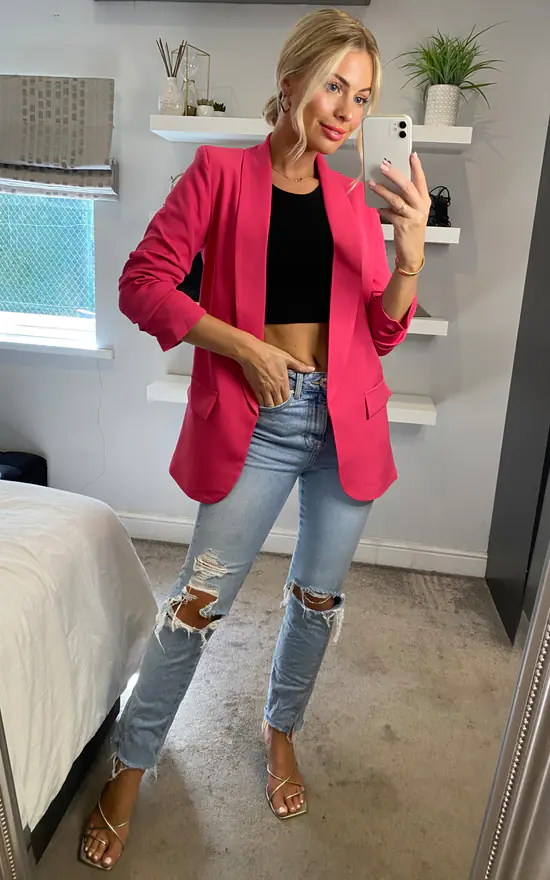 Fuchsia Oversized Rouched Sleeve Blazer SilkFred