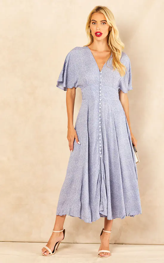 Megan Blue Floral Button Front Maxi Dress With Shirred Back Blue