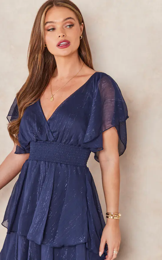 Chiffon Layered Flutter Sleeve Midi Dress In Navy | Goddiva | SilkFred US Chiffon Layered Flutter Sleeve Midi Dress In Navy | Goddiva | SilkFred US