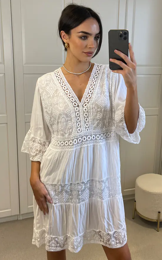 Oversized 3/4 Sleeves Lace Detailed V Neck Knee Length Dress in White by HOXTON GAL