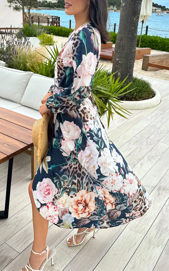 Wrap Maxi Dress in Navy Floral Leopard Print SilkFred