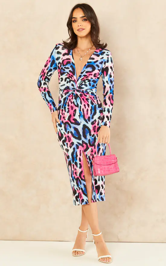 Long Sleeve Twist Midi Dress In Blue Pink Leopard Print