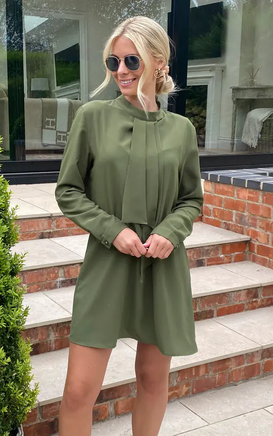 Oversized Detailed Front Long Sleeves Tunic Dress In Khaki
