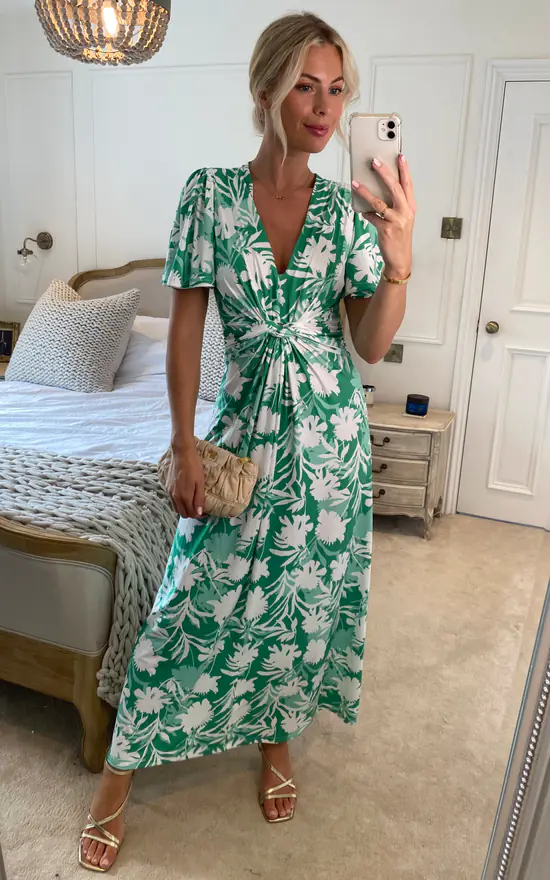 Twist Front Jersey Maxi Dress, Green Floral JOLIE MOI SilkFred