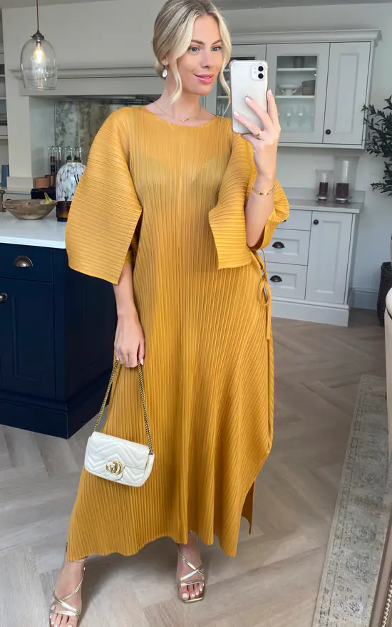 Mustard Yellow Pleated Maxi Dress Cap Sleeves | SilkFred US