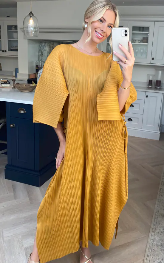 Mustard Yellow Pleated Maxi Dress Cap Sleeves | SilkFred US