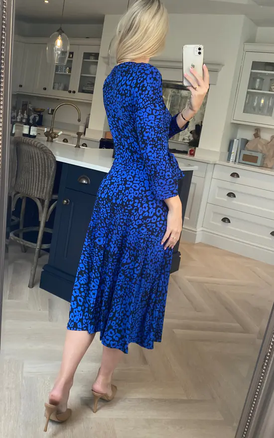 Cobalt Blue Leopard Print Midi Wrap Dress SilkFred