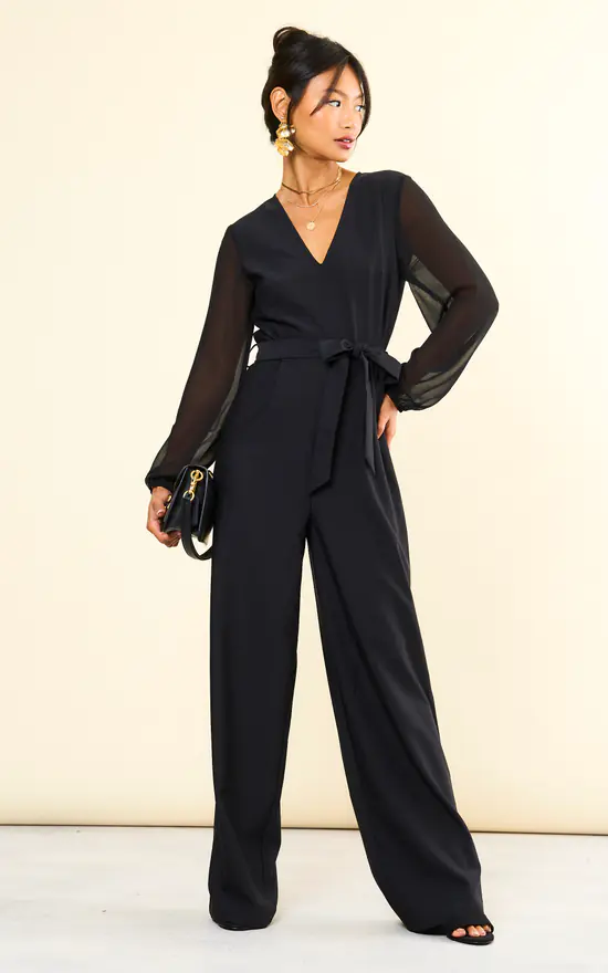 Black Long Sleeve Jumpsuit with Chiffon Sleeves SilkFred
