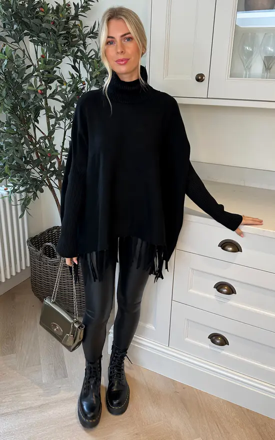 Black High Neck Oversized Jumper with Tassled Hem SilkFred