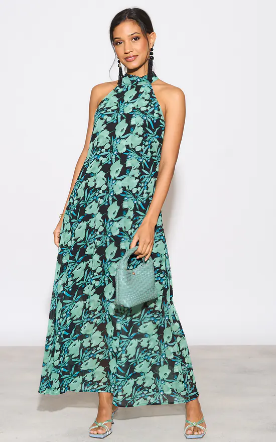Halterneck Maxi Dress With Cut Out Back Detail In Green F