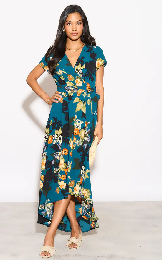 Teal Floral High Low Wrap Maxi Dress Izabel London SilkFred