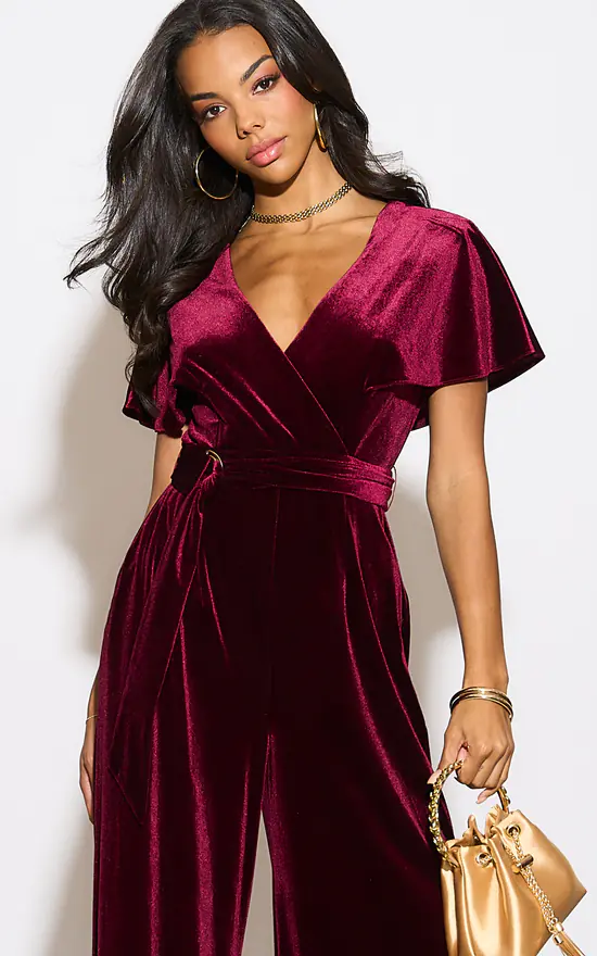 Velvet Belted Wide Leg Jumpsuit In Wine Edie SilkFred UAE