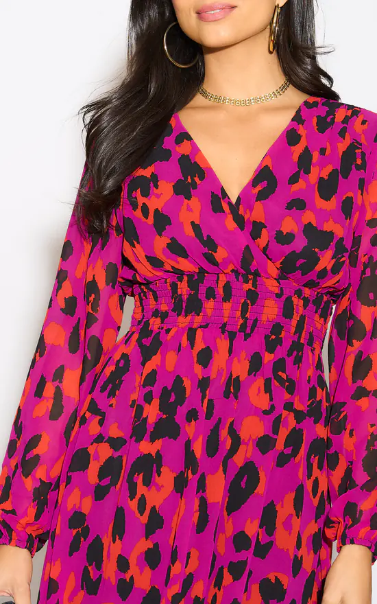Purple Animal Print V-Neck Midi Dress SilkFred