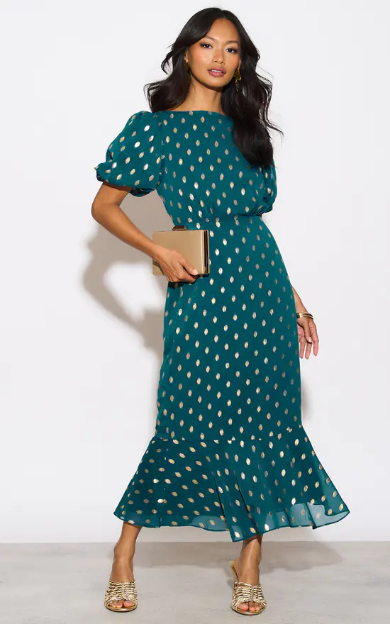 Teal Chiffon Foil Puff Sleeve Midi Dress SilkFred