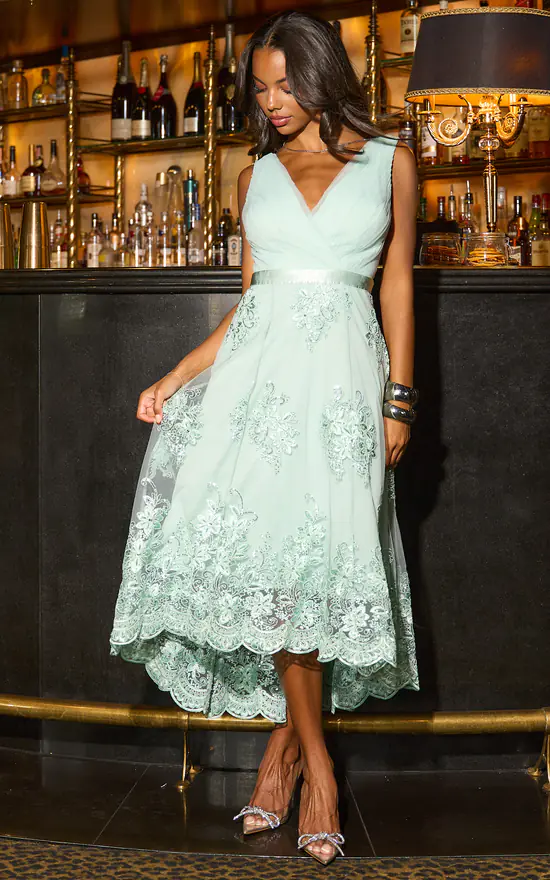 Sage Green Pleated Satin High Low Dress SilkFred - Main Image