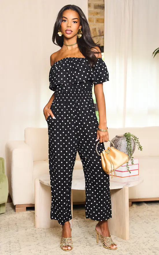 Black White Polka Dot Bardot Jumpsuit SilkFred