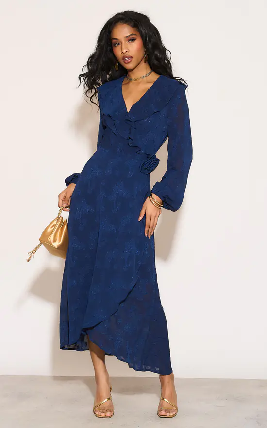 Wrap Dress Long Midi Dresses Uk Navy Ruffle Wrap Midi Dress With