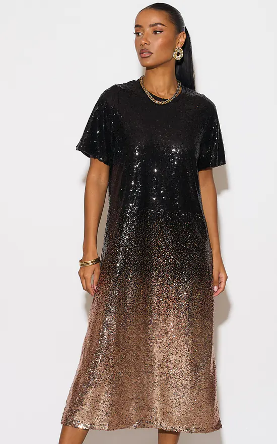 Celeste Midaxi T Shirt Dress Sequin Black/Bronze Sarta SilkFred