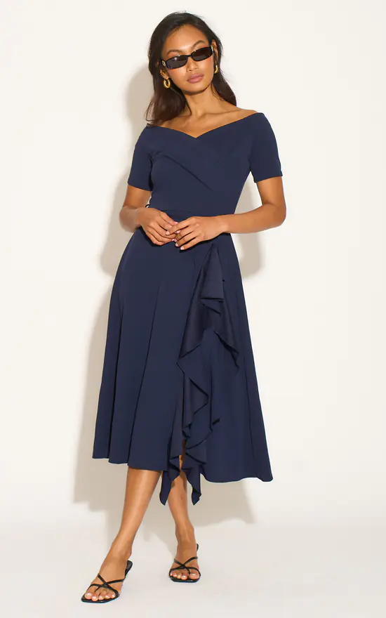 Navy Off-Shoulder Frill Midi Dress SilkFred - Main Image