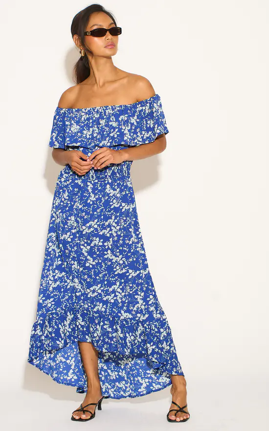 Blue White Flower Bardot Maxi Dress SilkFred - Main Image