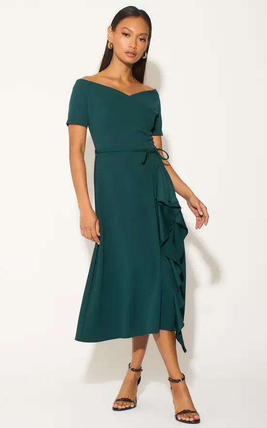 Dark Green Off-Shoulder Frill Midi Dress SilkFred