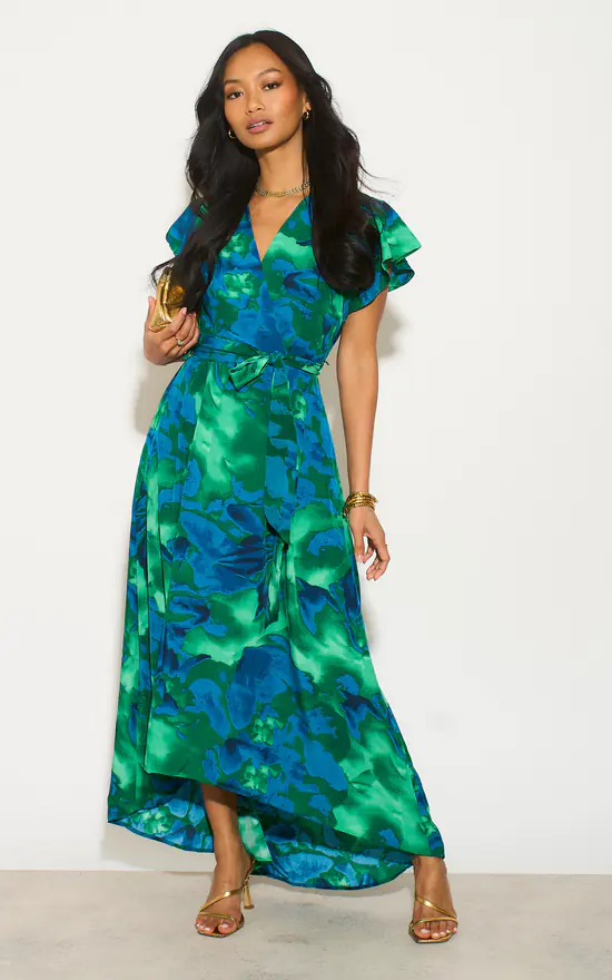 Green And Blue Abstract Print Short Sleeve Belted Wrap AX