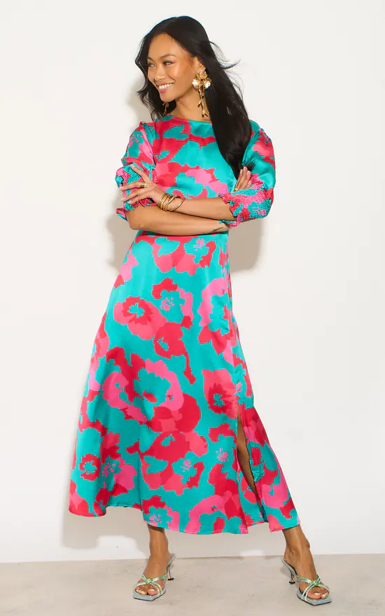 Turquoise Pink Floral Midi Dress SilkFred - Main Image