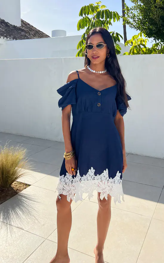 Floral Crochet Cold Shoulder Dress With Lace Hem In Navy CY