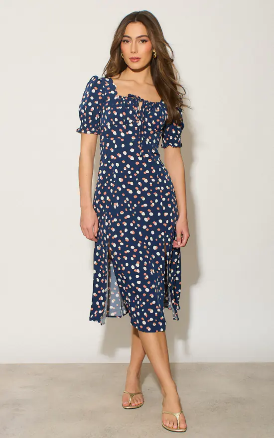 Polka Dot Print Midi Dress With Belt Fastening In Navy
