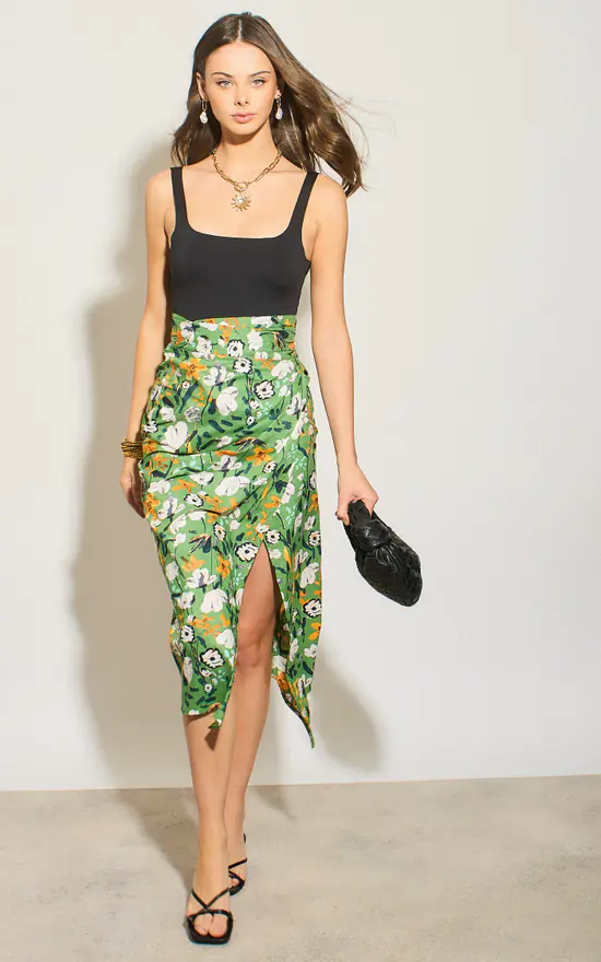 Buy Green Floral Midi Wrap Skirt SilkFred