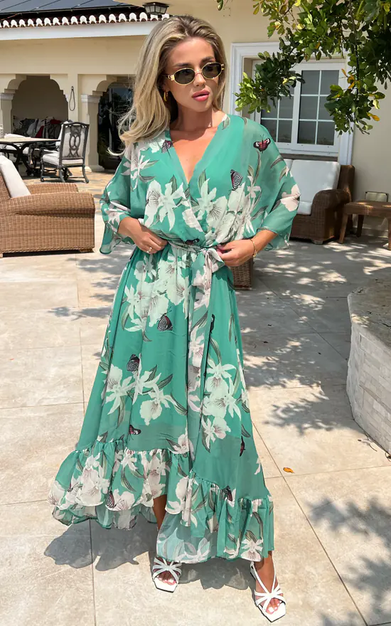 Floral Kimono Pencil Dress With Maxi Kimono Cardigan Mint Kimono